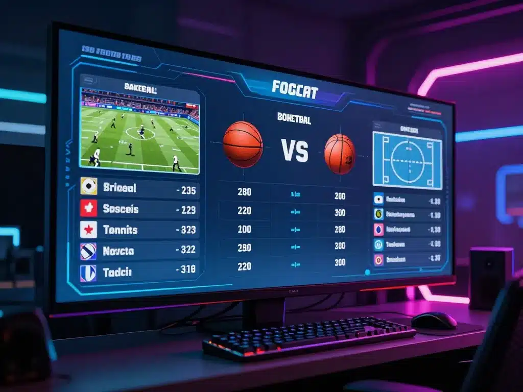 Giao diện kỹ thuật số hiện đại hiển thị kèo cá cược thể thao Sunwin 2026 mới nhất cho bóng đá, bóng rổ, tennis trên màn hình lớn, không khí công nghệ cao sôi động