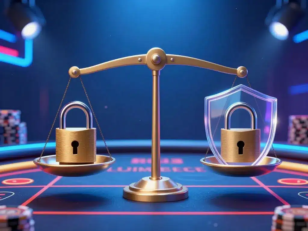 Hình ảnh cân bằng biểu tượng khóa bảo mật và lá chắn kính trong suốt giữa Sunwin và casino quốc tế 2026 trên nền sòng bạc hiện đại