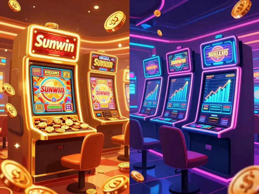 Hình ảnh minh họa so sánh sunwin và casino quốc tế 2026 với máy slot vàng đổ tiền thưởng bên trái, biểu đồ hiệu suất tăng bên phải, ánh sáng neon rực rỡ