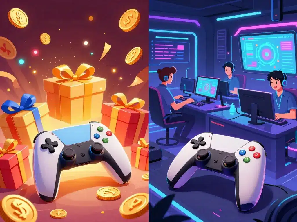 Hình ảnh minh họa so sánh Sunwin và Go88 phiên bản 2026 với khuyến mãi quà tặng bên trái và hỗ trợ khách hàng bên phải, ánh sáng neon tương lai sống động