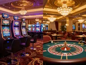 Hình ảnh so sánh Sunwin và Casino Quốc Tế 2026 với hai sòng bạc sang trọng, máy slot rực rỡ và bàn poker dưới ánh sáng vàng kim lộng lẫy