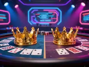 Hình ảnh so sánh Sunwin và Go88 phiên bản 2026 với hai vương miện vàng trên bàn chơi bài, thẻ bài bay lượn, ánh sáng neon tương lai rực rỡ