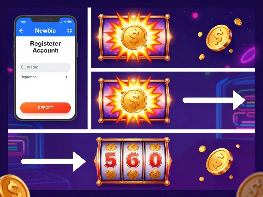 Hình minh họa quy trình 3 bước hướng dẫn chơi nổ hũ Sunwin cho người mới 2026 với biểu tượng đăng ký, nạp tiền và quay jackpot