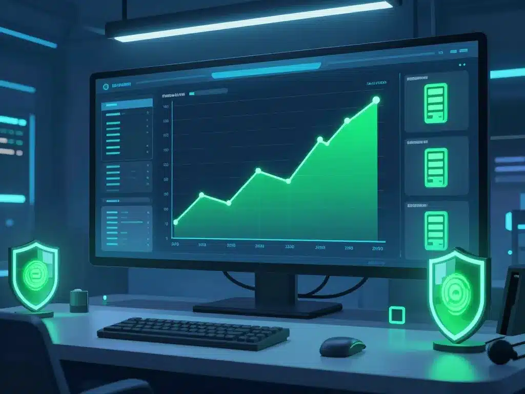 Màn hình dashboard hiển thị biểu đồ uptime xanh tăng ổn định, icon server sáng, khiên bảo vệ hoạt động, phòng điều khiển hiện đại, minh họa dấu hiệu Sunwin vẫn ổn định liên quan sunwin bị sập có th...