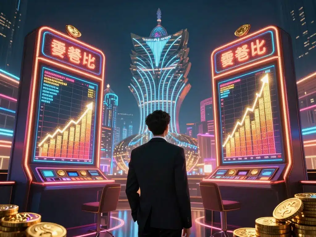 Minh họa so sánh Sunwin và casino quốc tế 2026 với nhà đầu tư cân nhắc giữa hai sòng bạc xa xỉ sáng rực neon trong thành phố tương lai