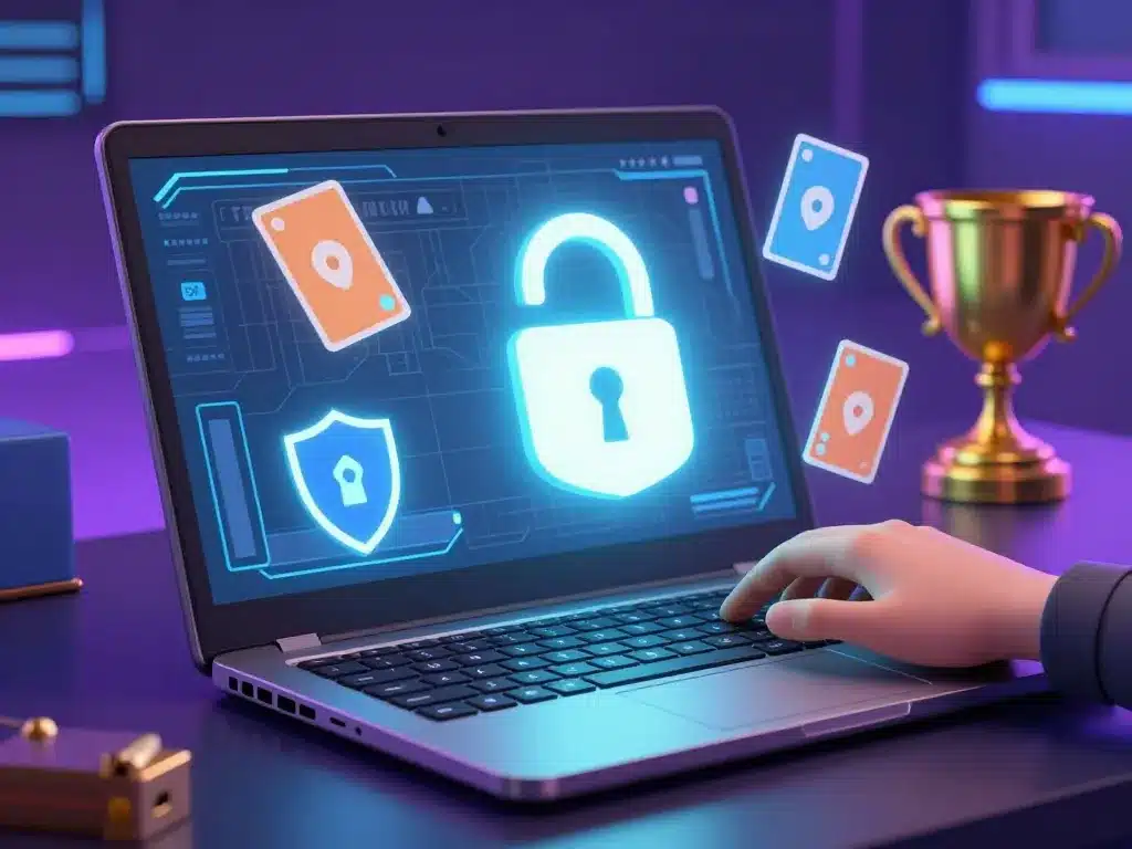 Người chơi đăng ký an toàn giải đấu bài Sunwin 2026 trực tuyến trên laptop với biểu tượng khóa và khiên bảo mật nổi bật