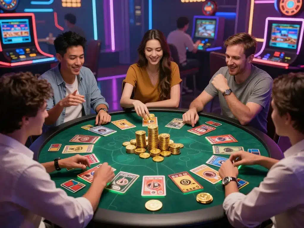 Người chơi hứng thú chơi Mậu Binh và Tiến Lên Miền Nam quanh bàn bài phát sáng trên Sunwin 2026, đống tiền vàng chất cao, ánh sáng neon rực rỡ casino tương lai