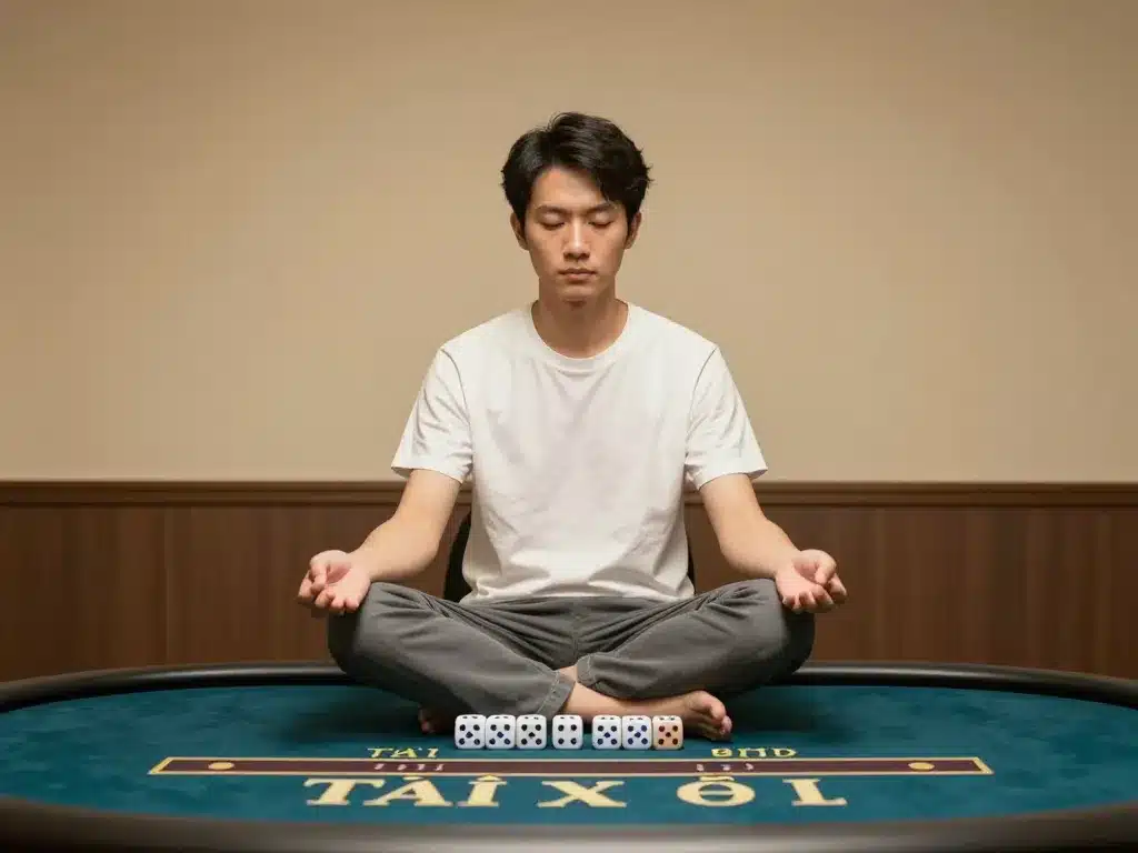 Người chơi tài xỉu Sunwin ngồi thiền bình tĩnh trước bàn chơi với xúc xắc, không gian casino yên tĩnh, ánh sáng dịu nhẹ ấm áp