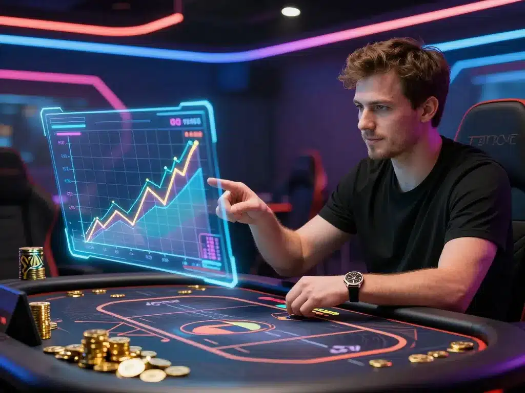 Người chơi tự tin lập chiến lược game bài tại bàn bài ảo Sunwin, phân tích biểu đồ lợi nhuận tăng vọt, tiền vàng chất đống, ánh sáng neon casino tương lai