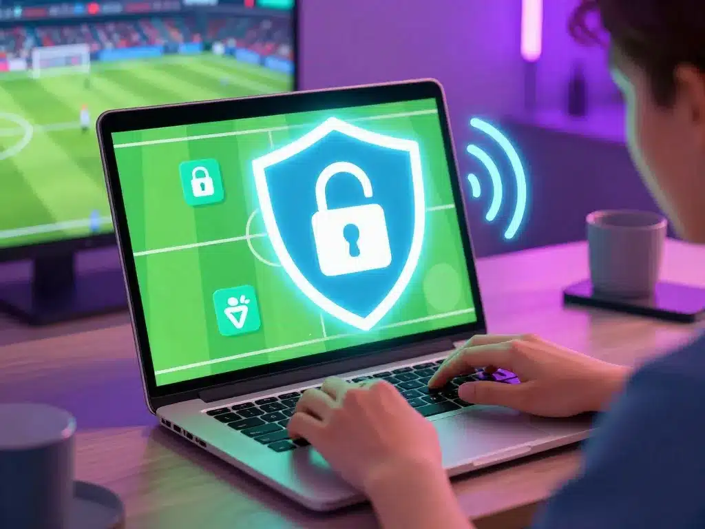 Người dùng cá cược thể thao Sunwin 2026 mới nhất an toàn trên laptop với khiên VPN, biểu tượng khóa bảo mật và sân bóng đá nền, ánh sáng neon hiện đại