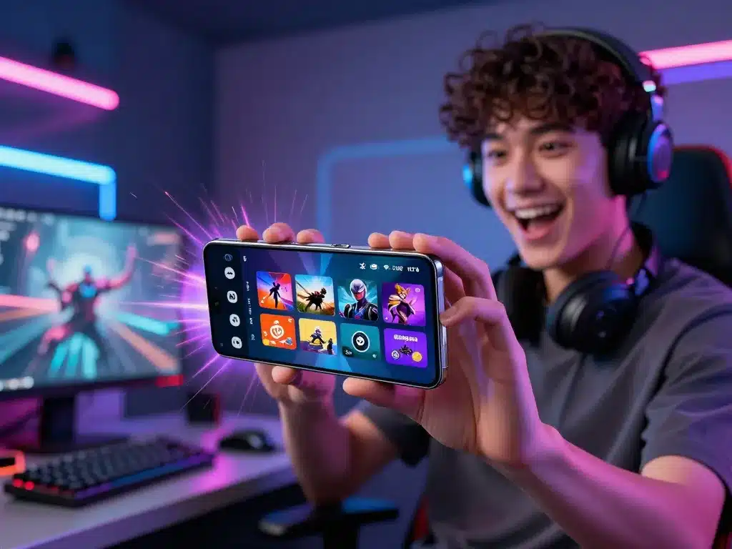 Người dùng trẻ tuổi trải nghiệm Sunwin mượt mà trên điện thoại Samsung 2026 hiện đại, màn hình hiển thị đồ họa trò chơi sống động, không gian công nghệ neon rực rỡ