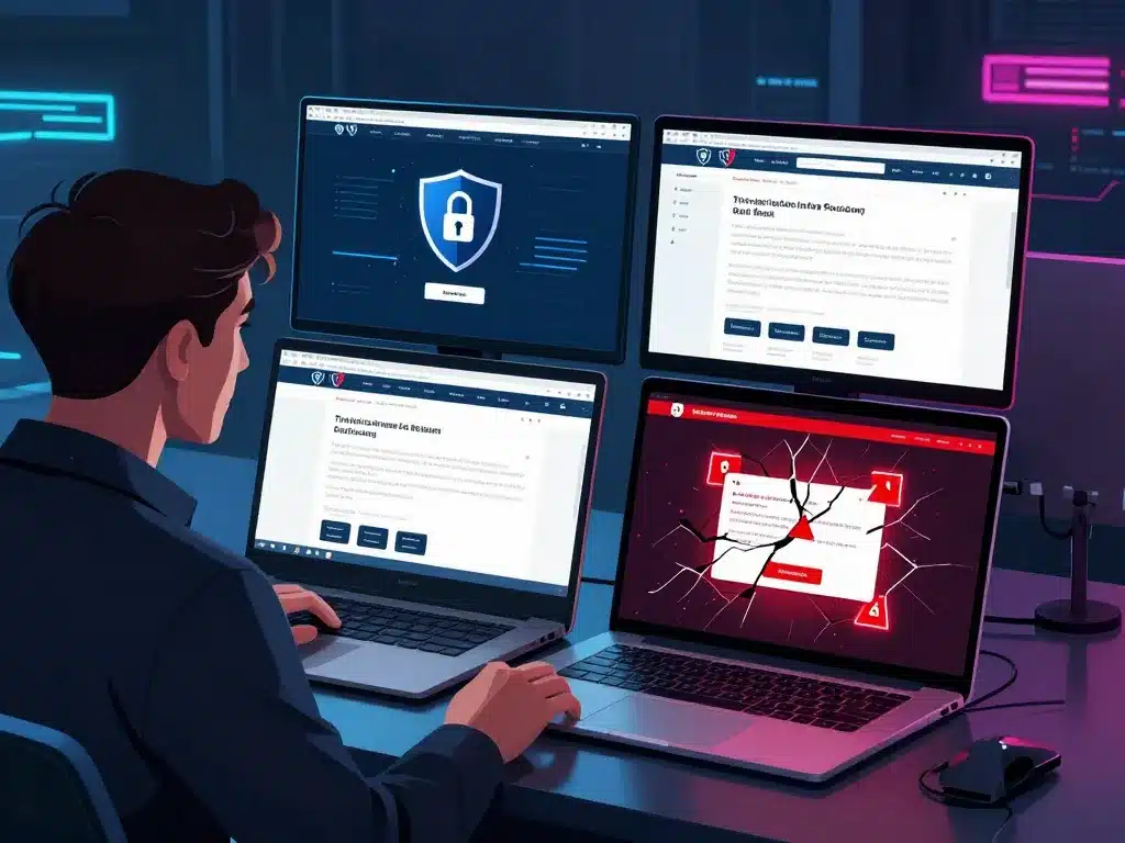Nhà thám tử kiểm tra hai màn hình laptop so sánh trang Sunwin chính thức an toàn với ổ khóa và trang lừa đảo có cảnh báo đỏ, phong cách minh họa kỹ thuật số