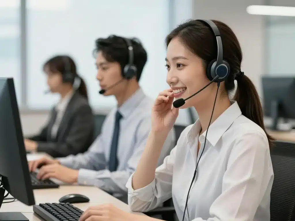 Nhân viên tổng đài hỗ trợ Sunwin 24/7 mới nhất 2026 đeo tai nghe tư vấn khách hàng qua điện thoại trong trung tâm hiện đại