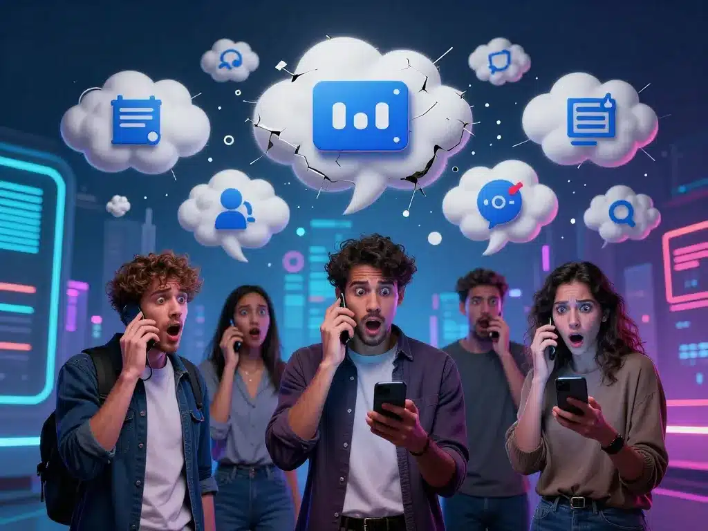 Nhóm người thì thầm lan truyền tin đồn sunwin bị sập có thật không 2026 trên điện thoại, bong bóng gossip bao quanh biểu tượng nền tảng kỹ thuật số sụp đổ, phong cách minh họa cyberpunk