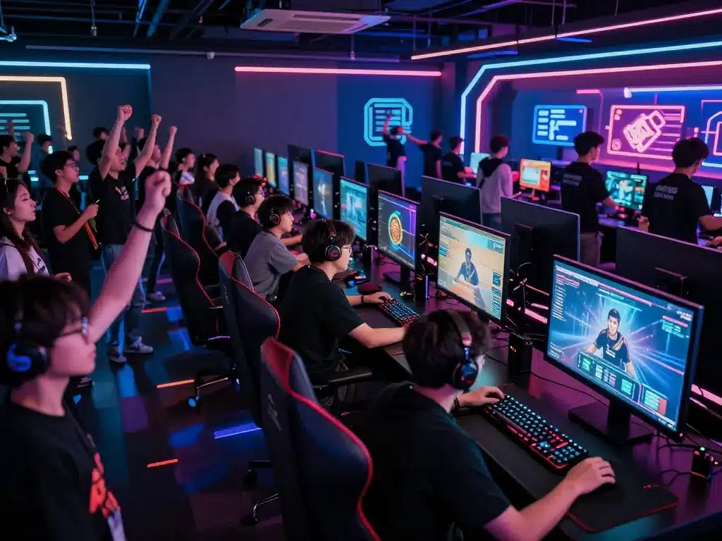 Sảnh E-sports Sunwin 2026 sôi động với game thủ thi đấu kịch liệt trên màn hình lớn, đám đông hứng thú cá cược thể thao sunwin 2026 mới nhất